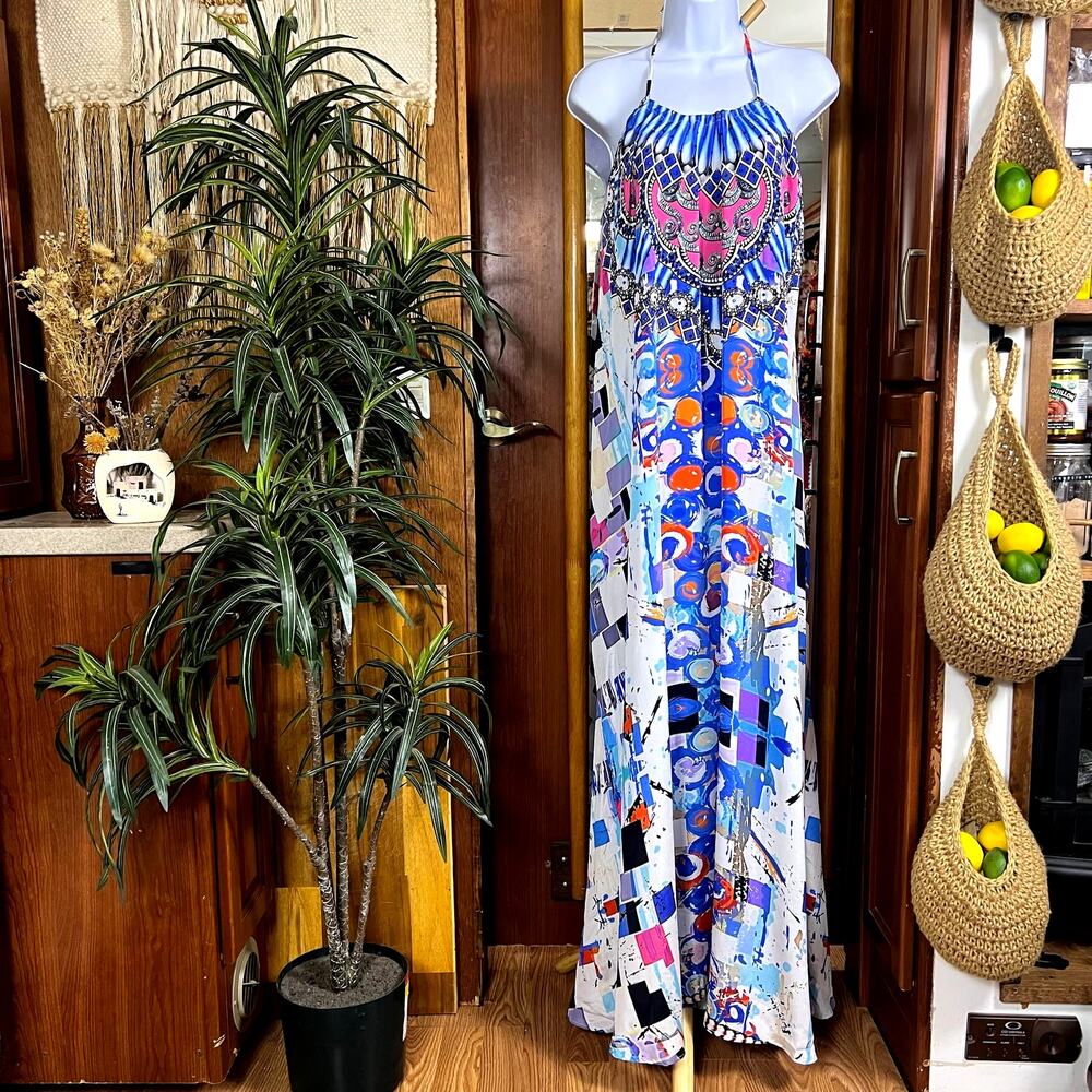 Hand Embellished Halter Maxi Dress O/S | Blue Pink Abstract Print Crystal Resort